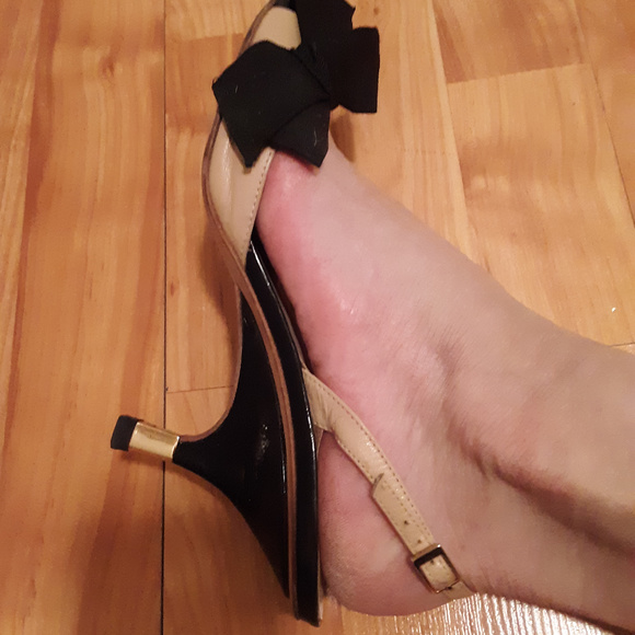 Classic MaryJane Holiday Shoe Guiseppi Zinotti Tan w/ Blk Patent Heel& Bow Sz:37 - Picture 7 of 8